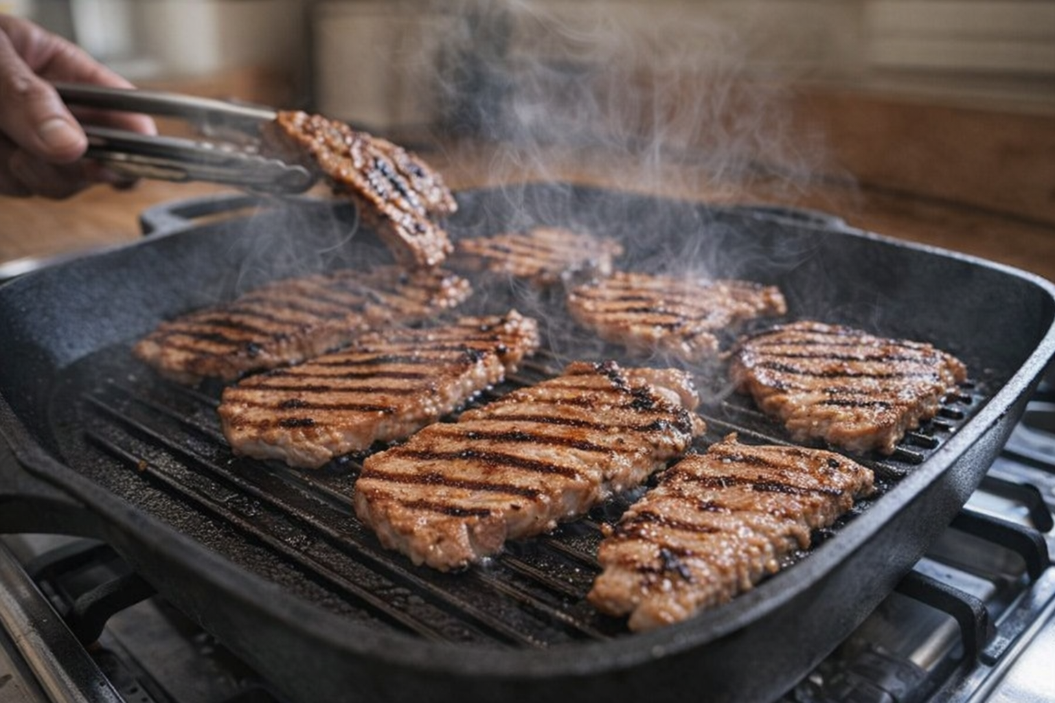An action shot of thin slices of marinated pork being grilled on a cast iron grill pan, with visible grill marks and steam rising from the meat